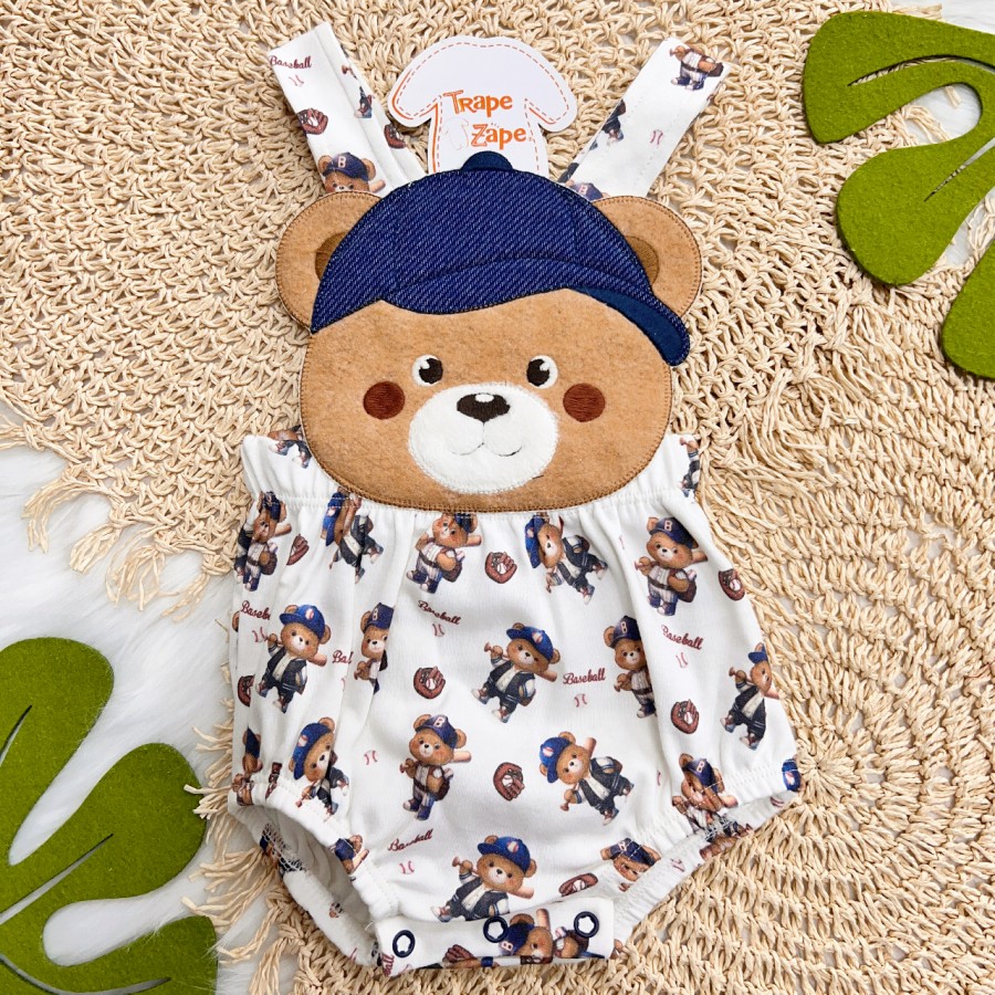 Banho de Sol Bordado - Ursinho Baseball - Azul Jeans